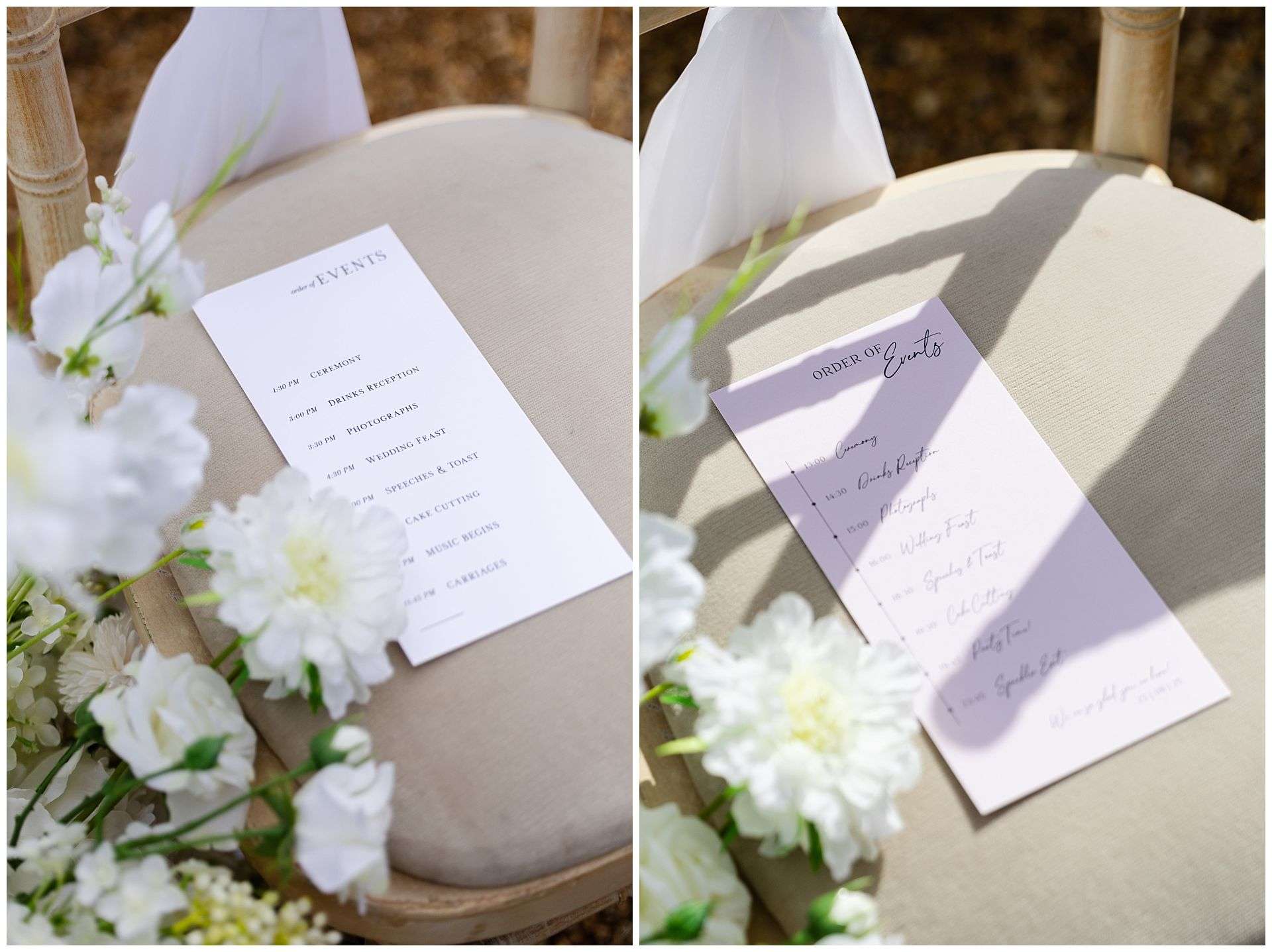 wedding programs on chair eastwell manor photo shoot by louisa dettmer photography