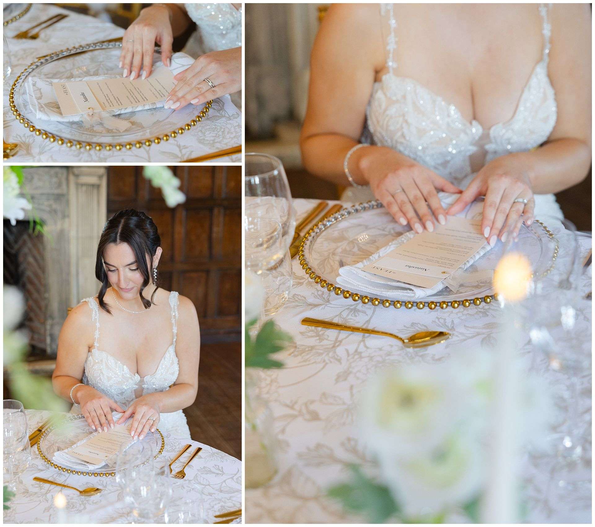 bride signing wedding menu eastwell manor photo shoot by louisa dettmer photography