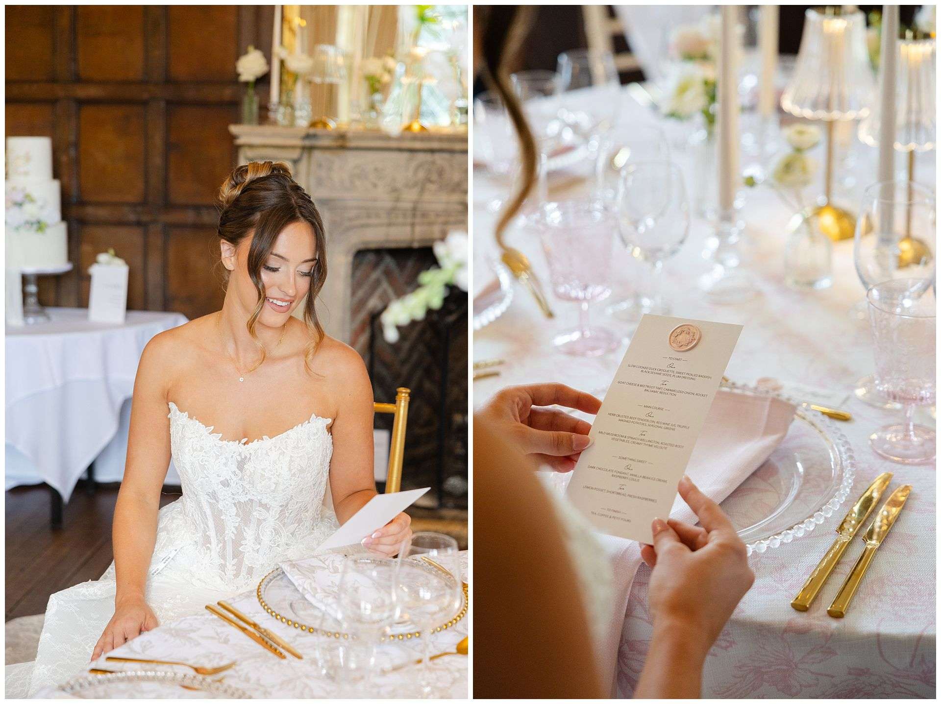 bride reading wedding menu eastwell manor photo shoot by louisa dettmer photography
