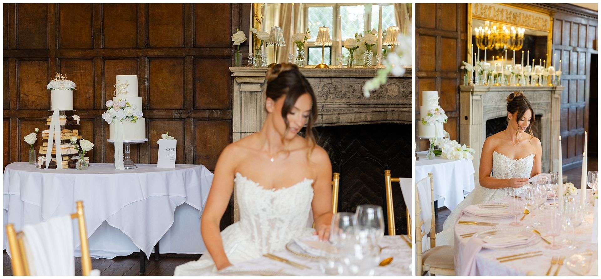 bride seated at wedding table eastwell manor photo shoot by louisa dettmer photography