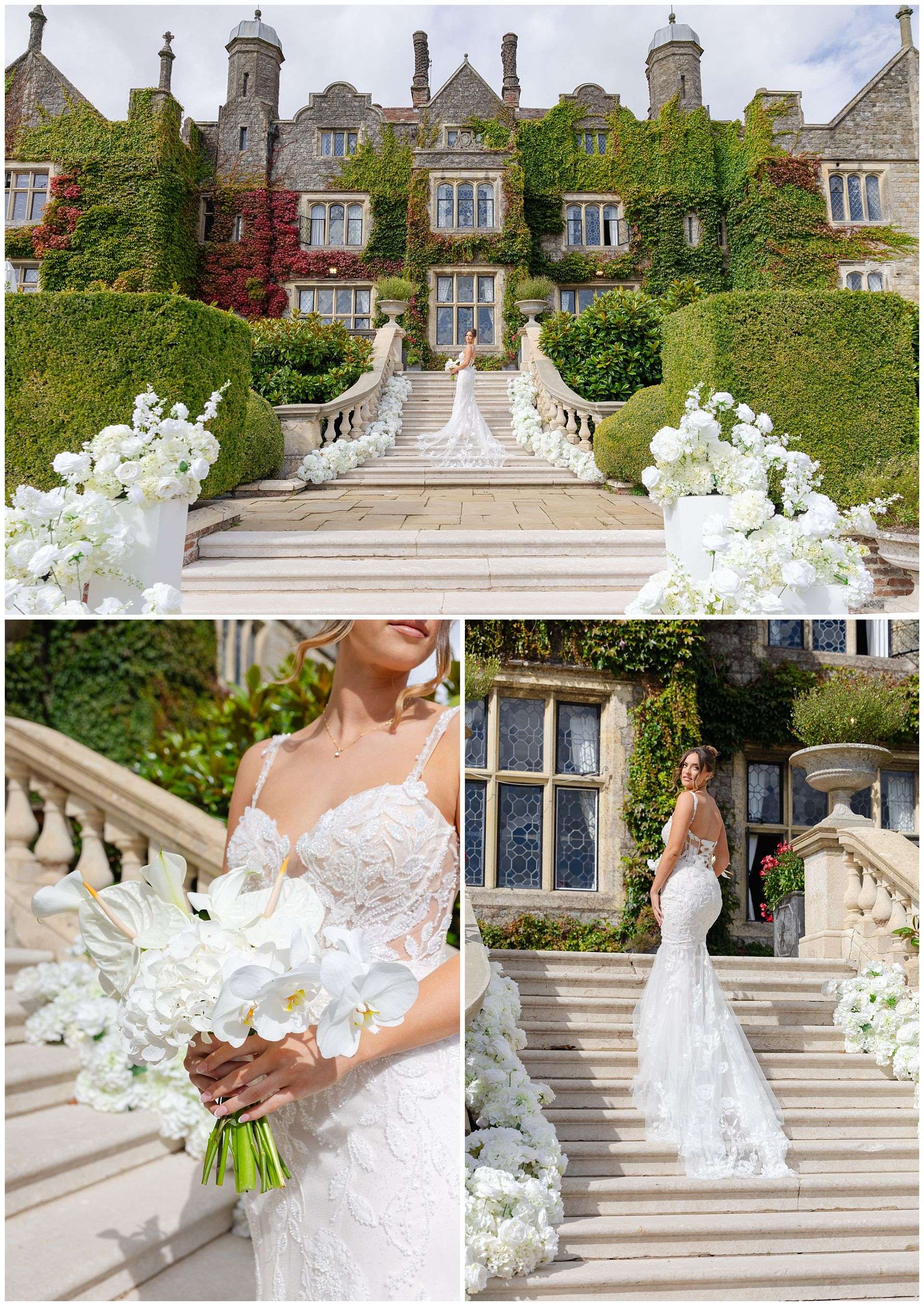 bridal portrait on mansion staircase eastwell manor photo shoot by louisa dettmer photography