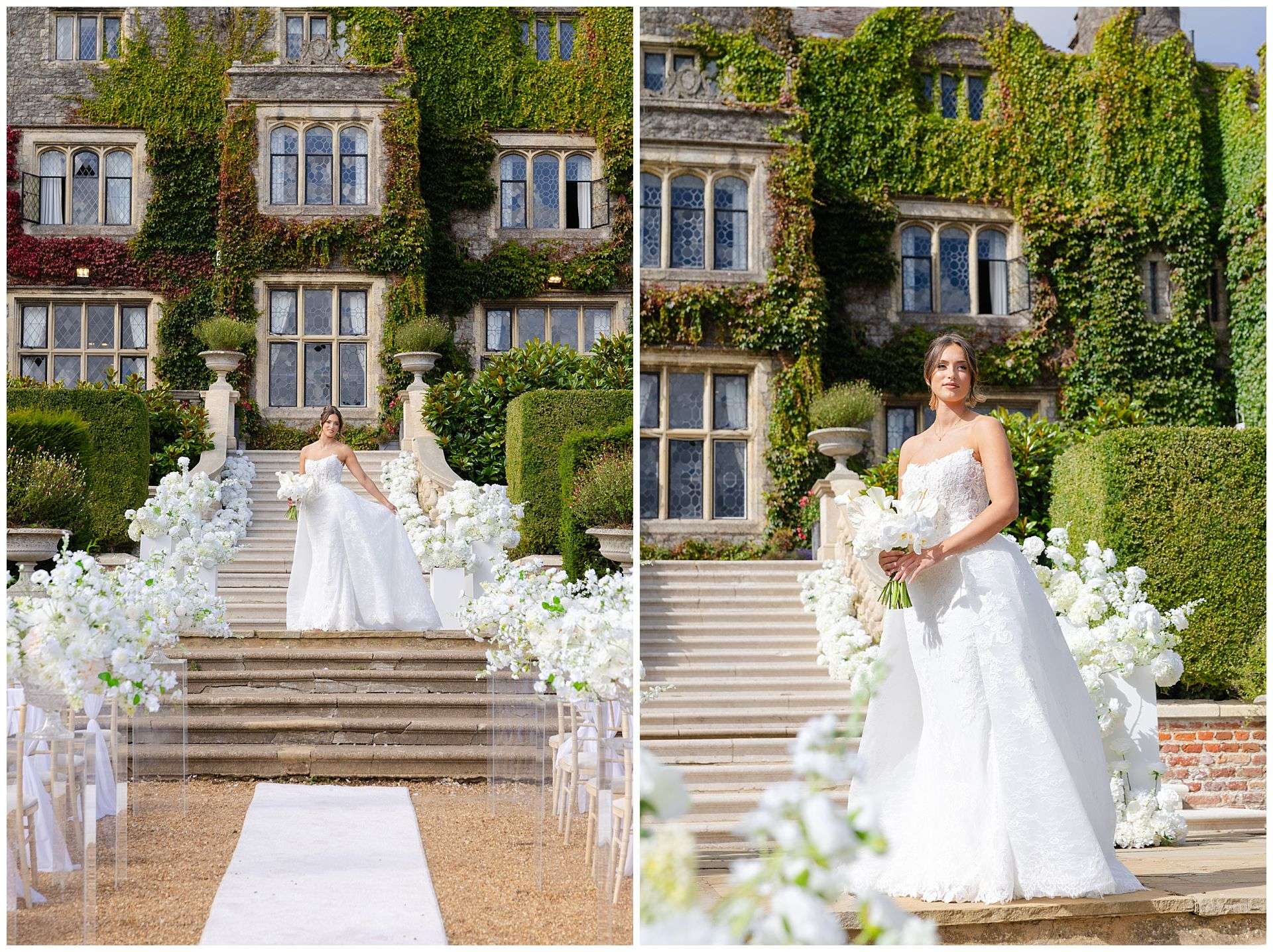 bride on ivy covered staircase eastwell manor photo shoot by louisa dettmer photography