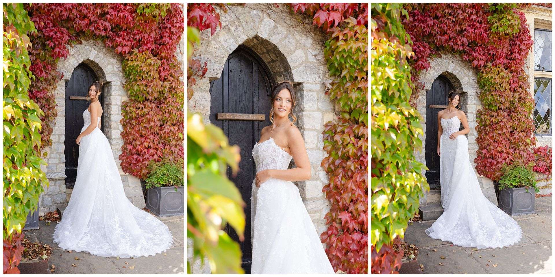 bride in ivy covered stone arch eastwell manor photo shoot by louisa dettmer photography