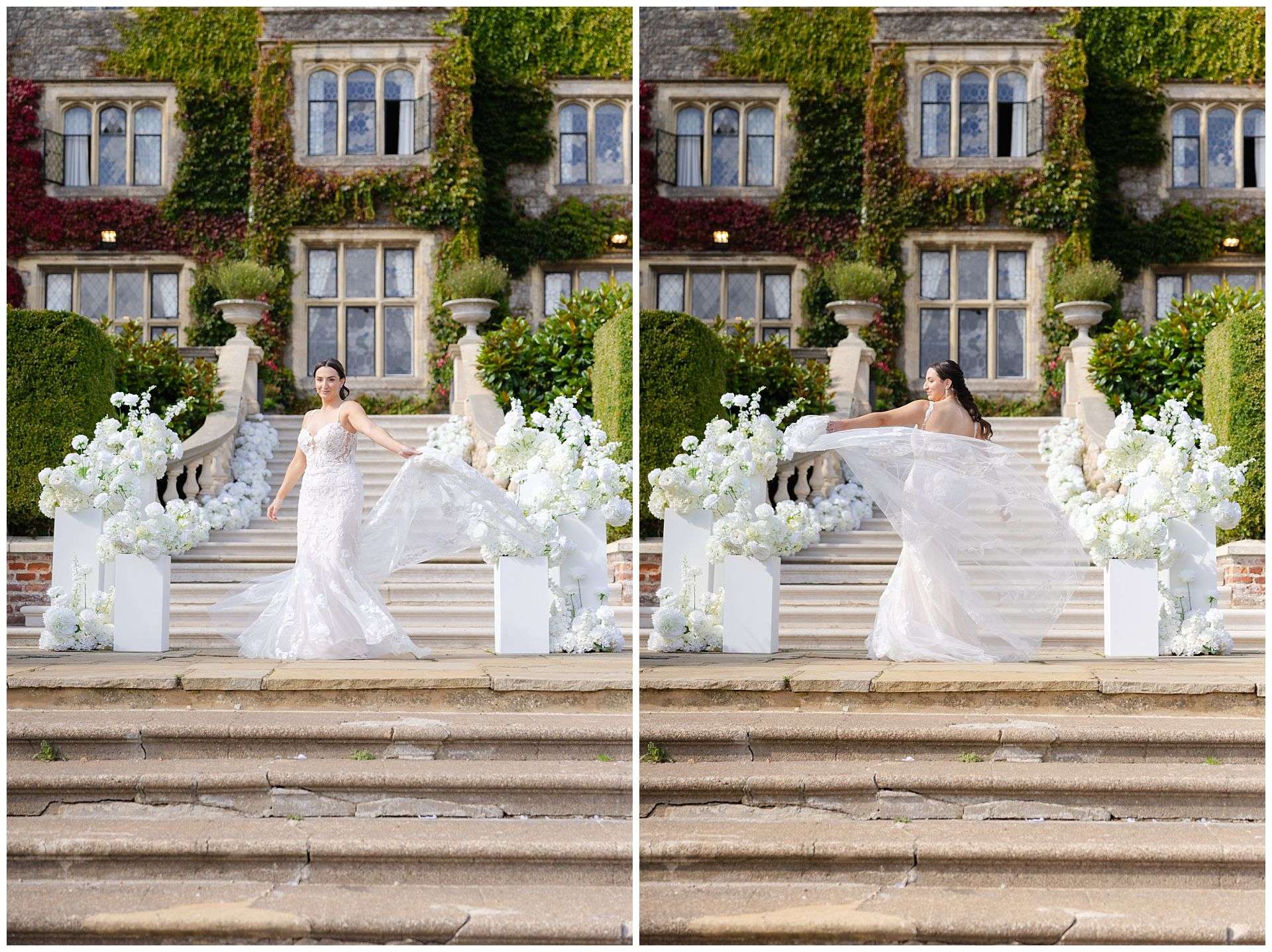 elegant bride on grand staircase eastwell manor photo shoot by louisa dettmer photography