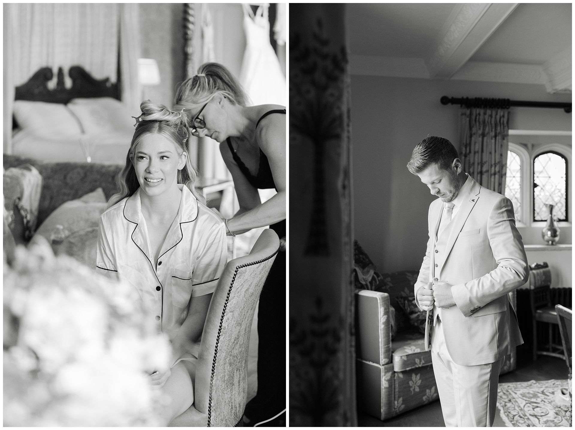 black & white photo of the bride and groom, at Eastwell Manor by Louisa Dettmer Photography