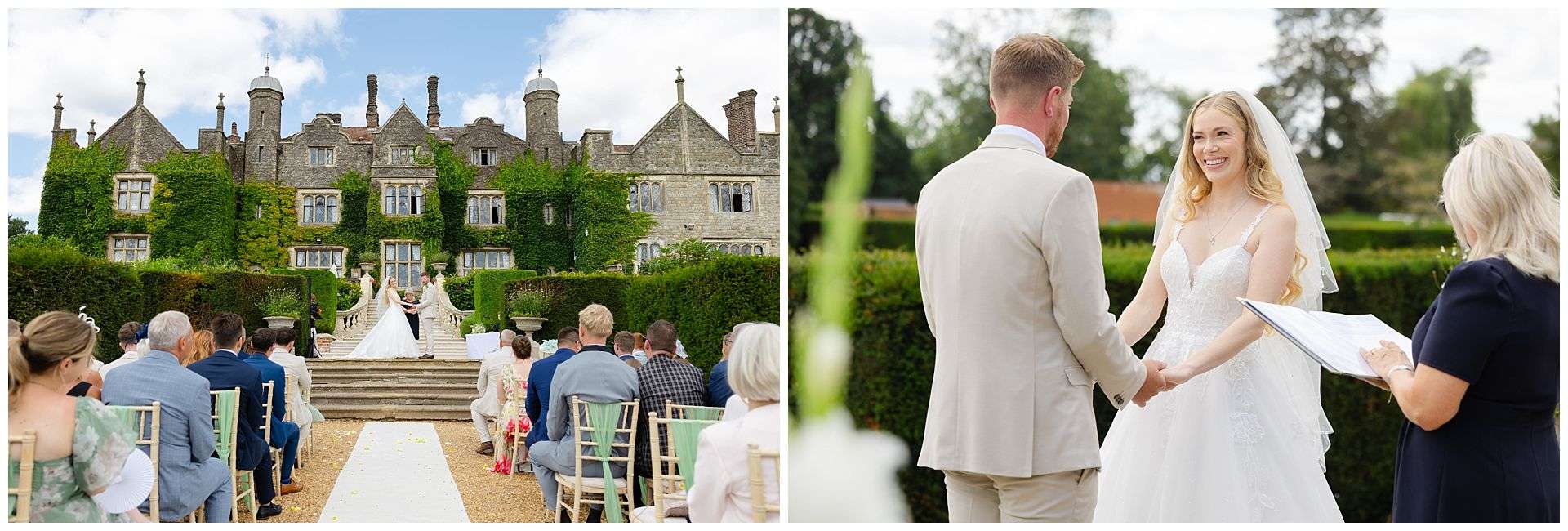 wedding ceremony on the outside staircase at Eastwell Manor by Louisa Dettmer Photography