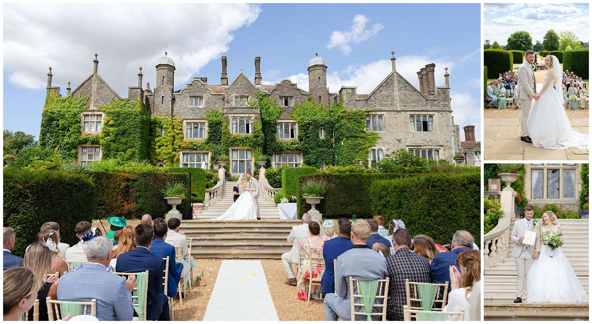 wedding ceremony on the outside staircase at Eastwell Manor by Louisa Dettmer Photography