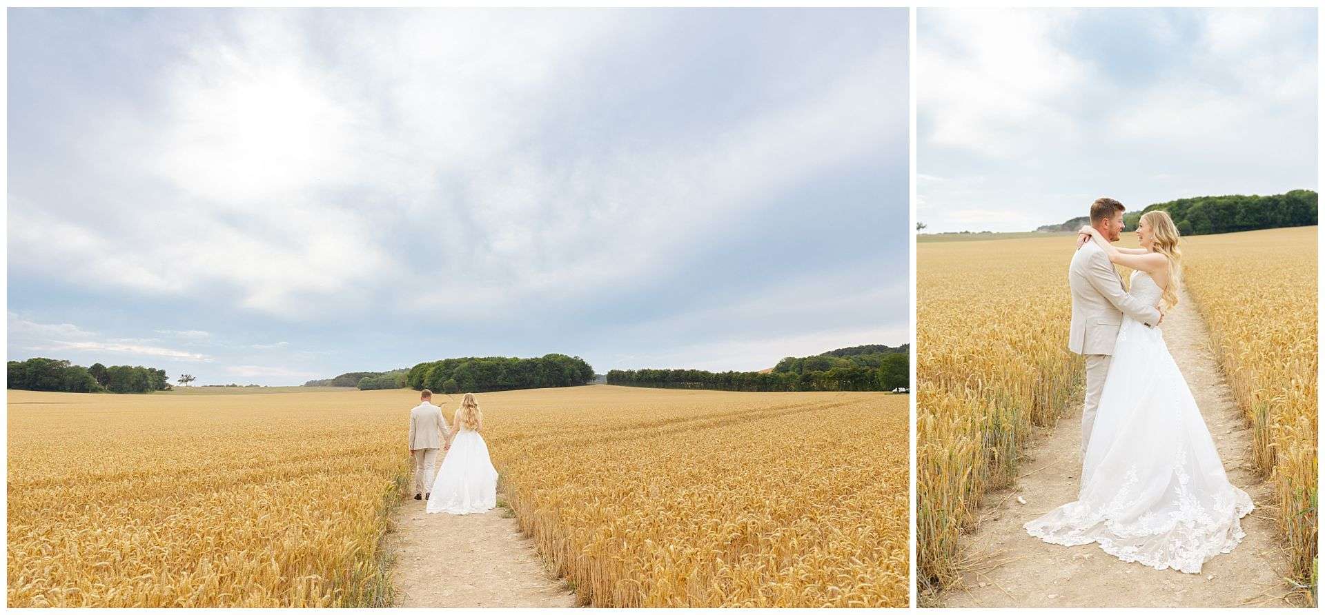 Bride and Groom kissing in a cornfield in golden hour. Eastwell Manor Wedding by Louisa Dettmer Photography