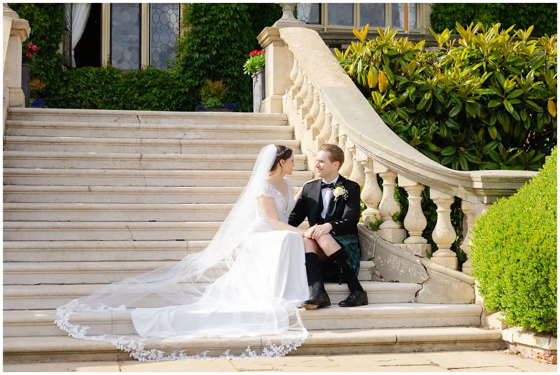 wedding couple on marble stairs eastwell manor hotel, wedding, louisa dettmer photography