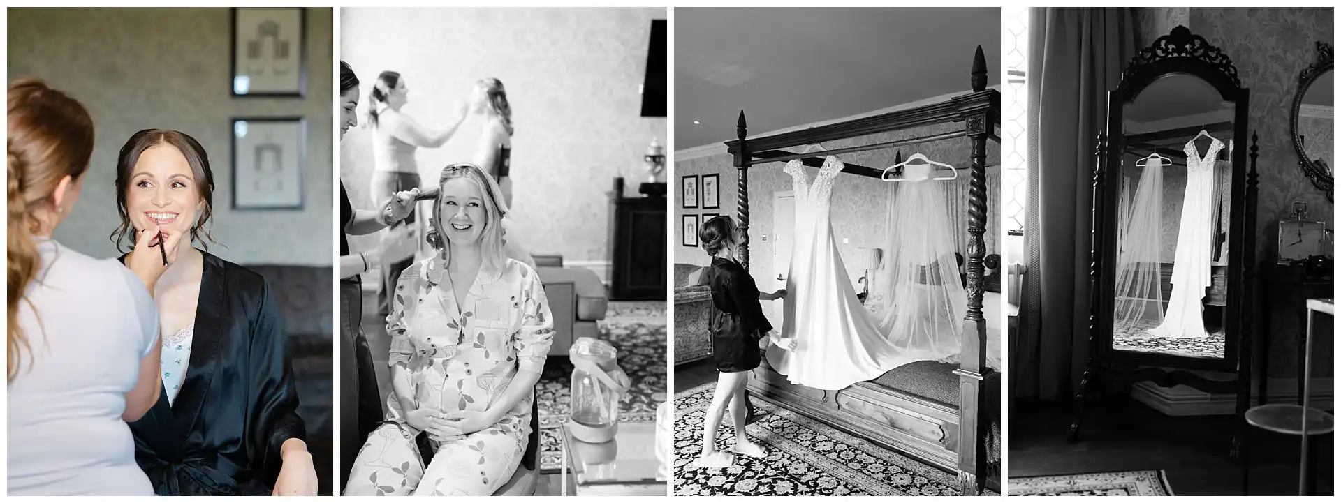 wedding prep montage Collage of wedding preparation scenes: a bride having makeup and hair done, posing in a robe, a bridal gown and veil hanging on a four-poster bed, and the dress reflected in an ornate mirror.