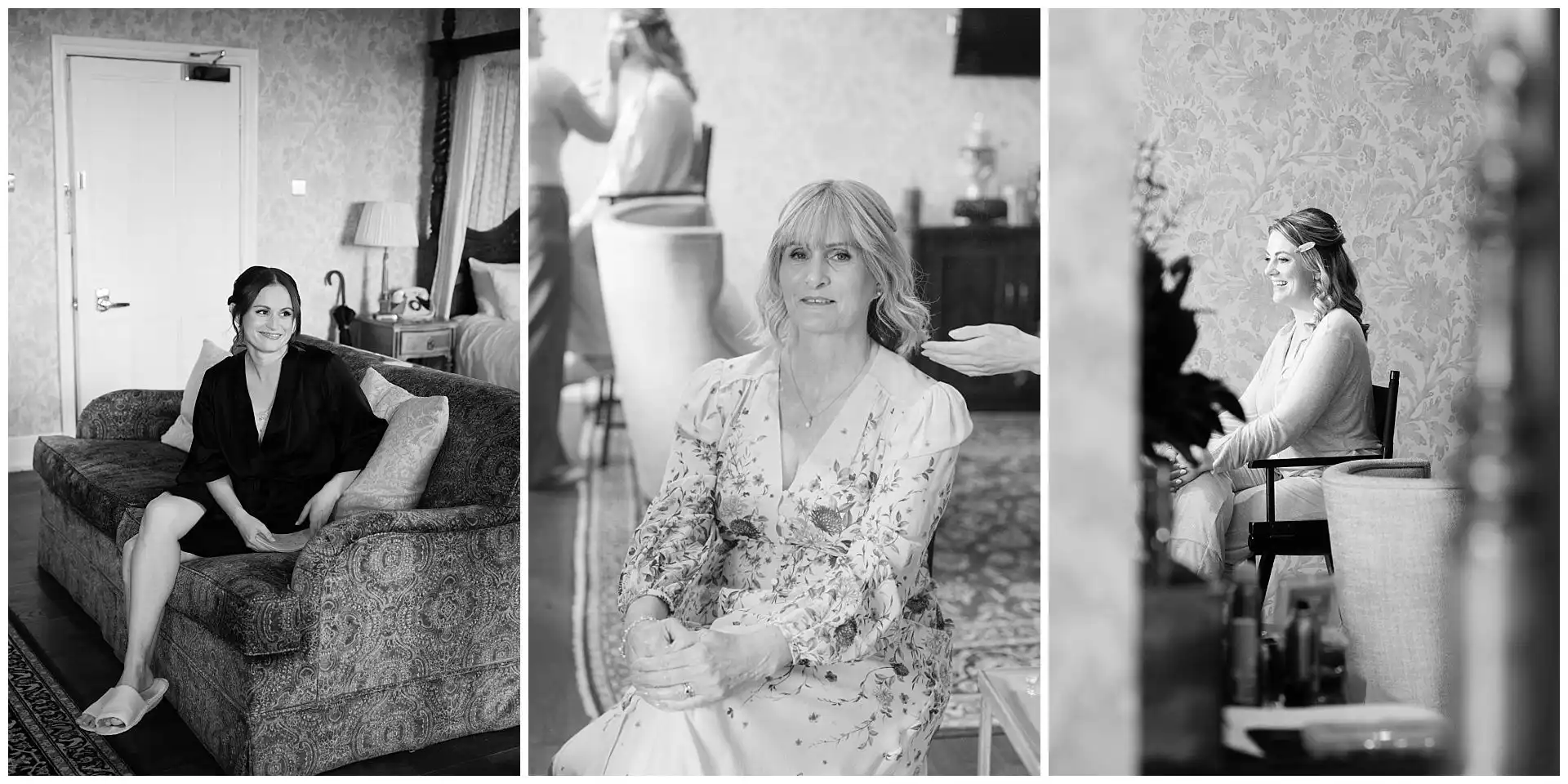 bridal preparation montage Black-and-white triptych depicting wedding preparations: a bride relaxing on a patterned sofa, a woman getting her hair styled, and another smiling woman seated in a chair.