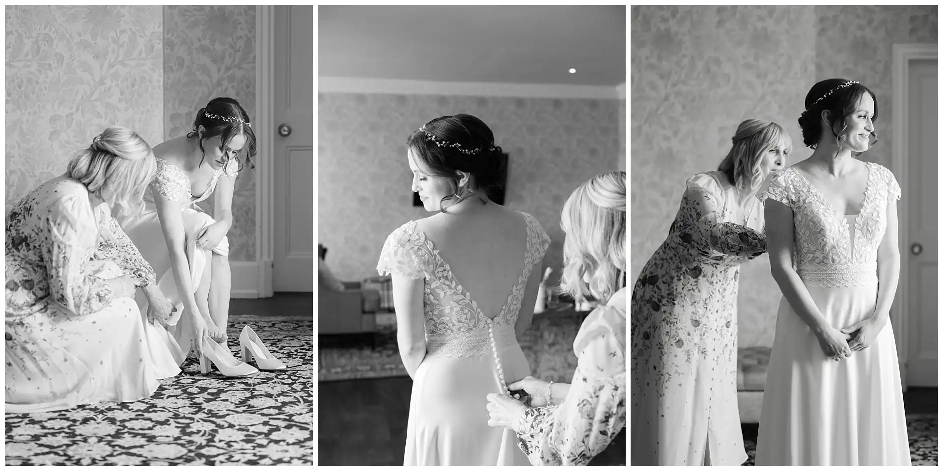 bride getting ready with family Three-panel black-and-white image of a bride getting ready with bridesmaids helping her into her wedding dress and shoes.