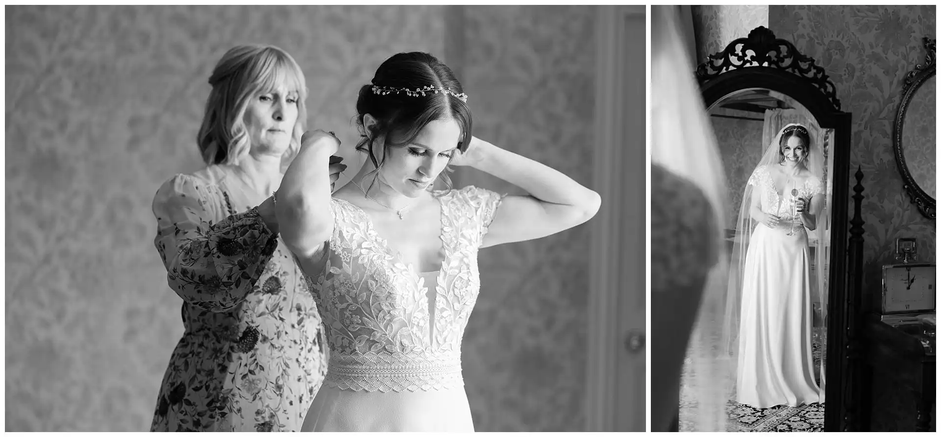 bridal prep with mother Two-panel black-and-white photograph of a bride getting ready: on the left, a woman helps adjust the lace wedding dress, and on the right, the bride stands before an ornate mirror in a vintage room.