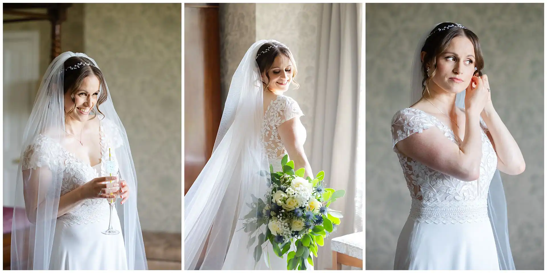 joyful bride in white lace bridal prep photos at eastwell manor