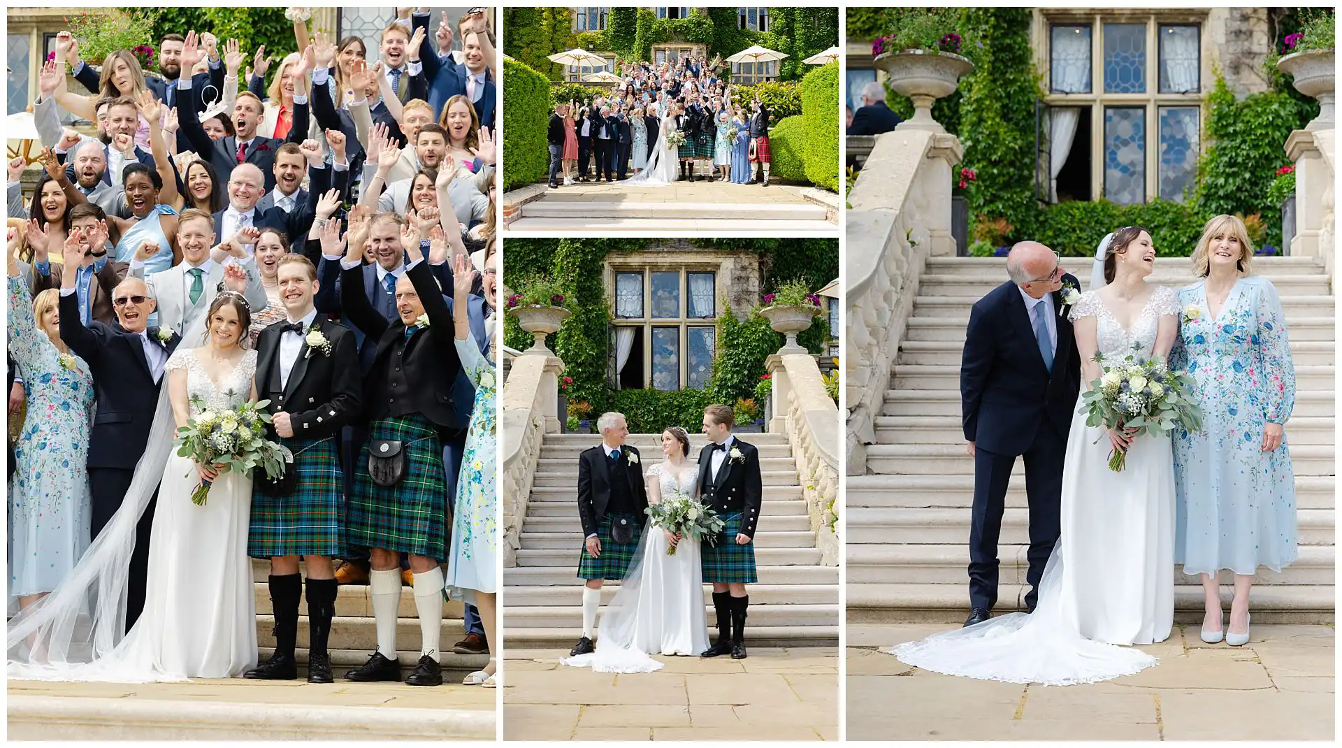 joyful outdoor wedding celebration wedding group photos at eastwell manor hotel, louisa dettmer photography