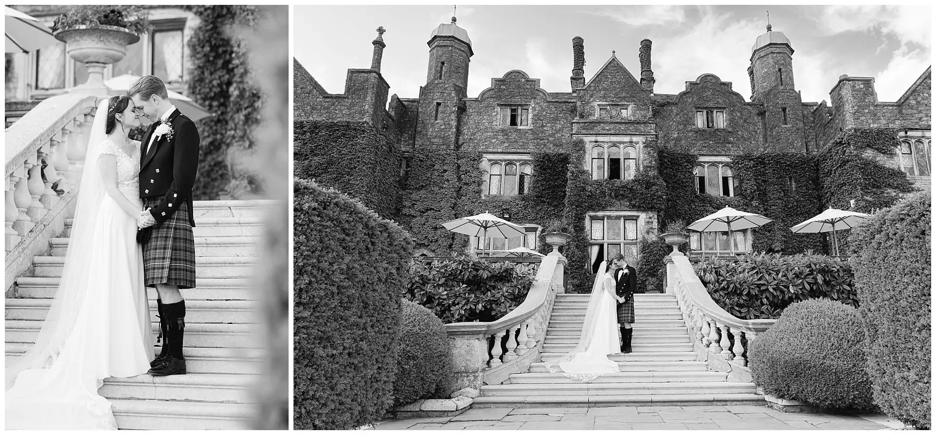 ivied castle wedding portrait bride & groom on eastwell manor's stunning steps