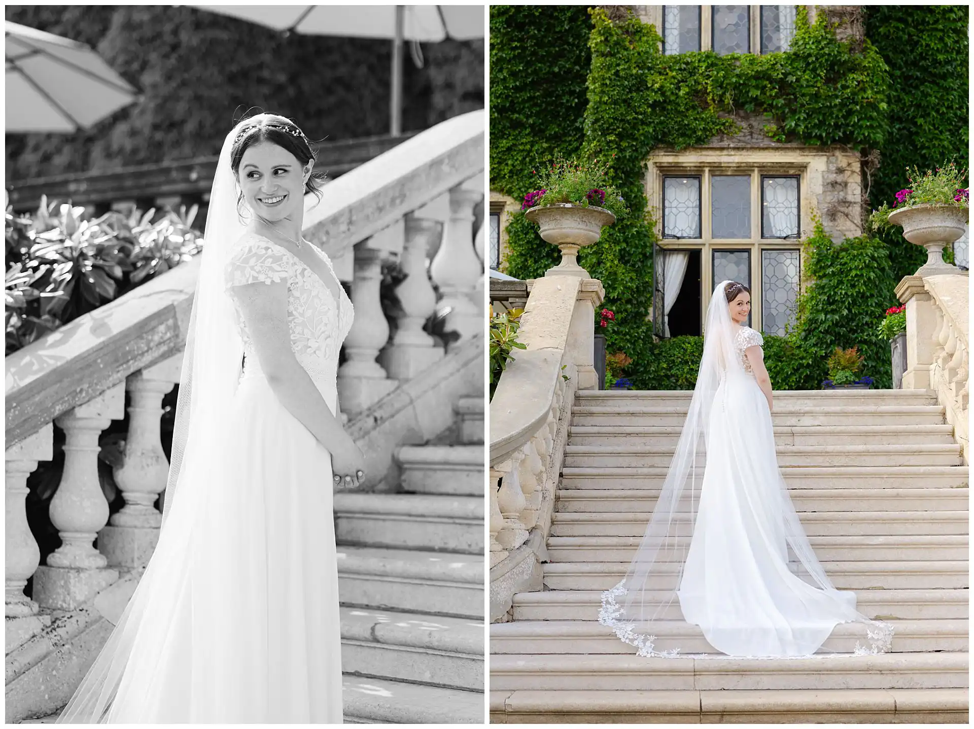 bride on elegant staircase bride on eastwell manor's stunning steps