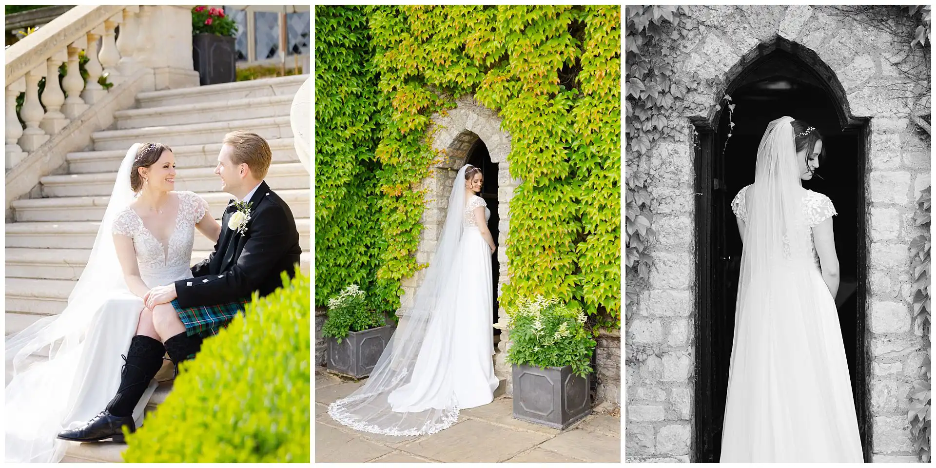 wedding couple portrait triptych bride and groom on eastwell manor's stunning steps