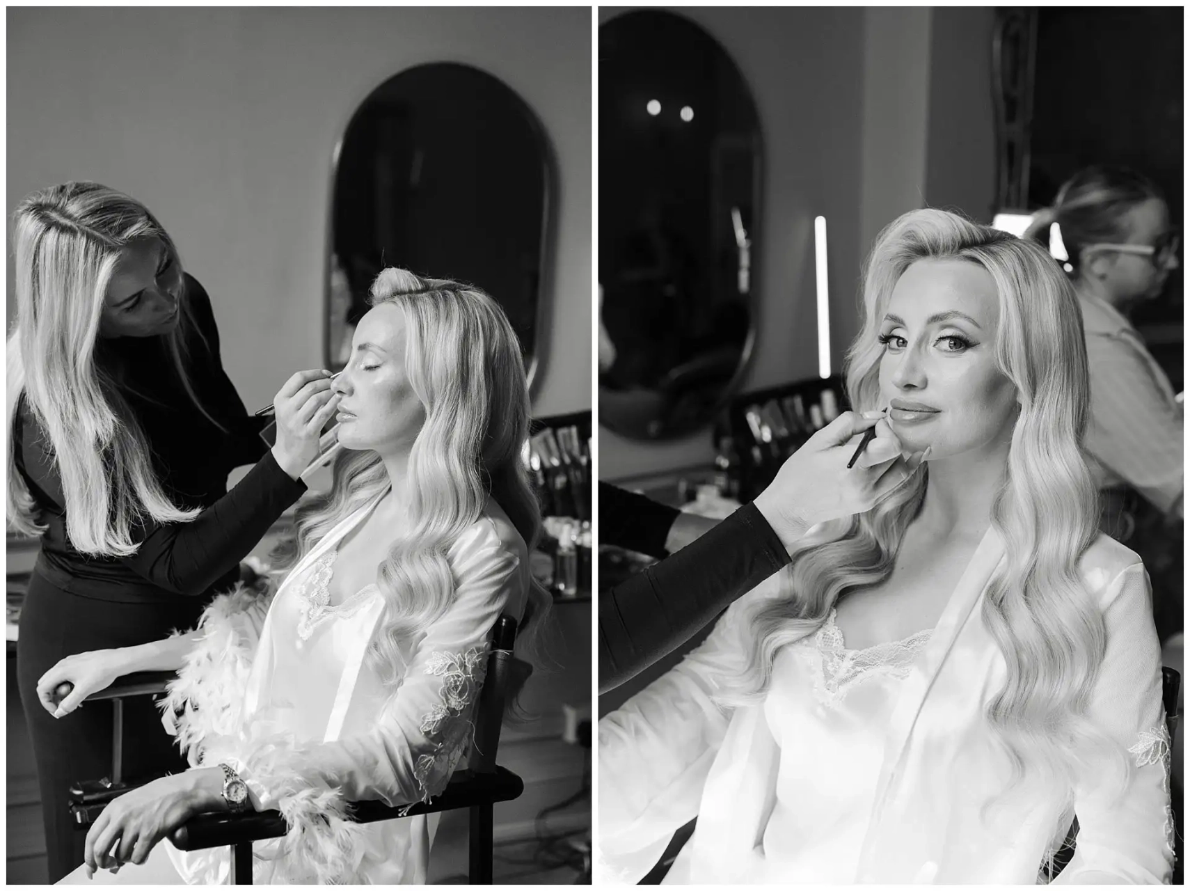 bridal makeup session bridal prep portraits in black & white at the Orangery Maidstone by Louisa Dettmer Photography