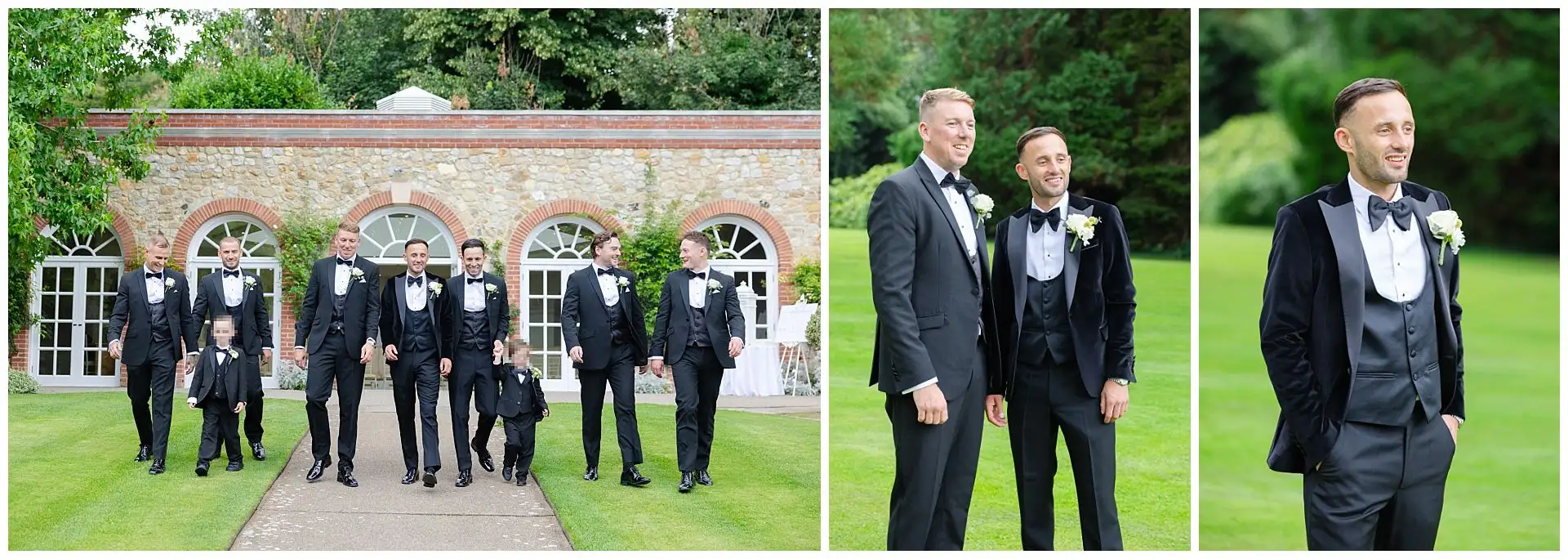 groomsmen walking at outdoor wedding groomsmen photos at the Orangery Maidstone by Louisa Dettmer Photography