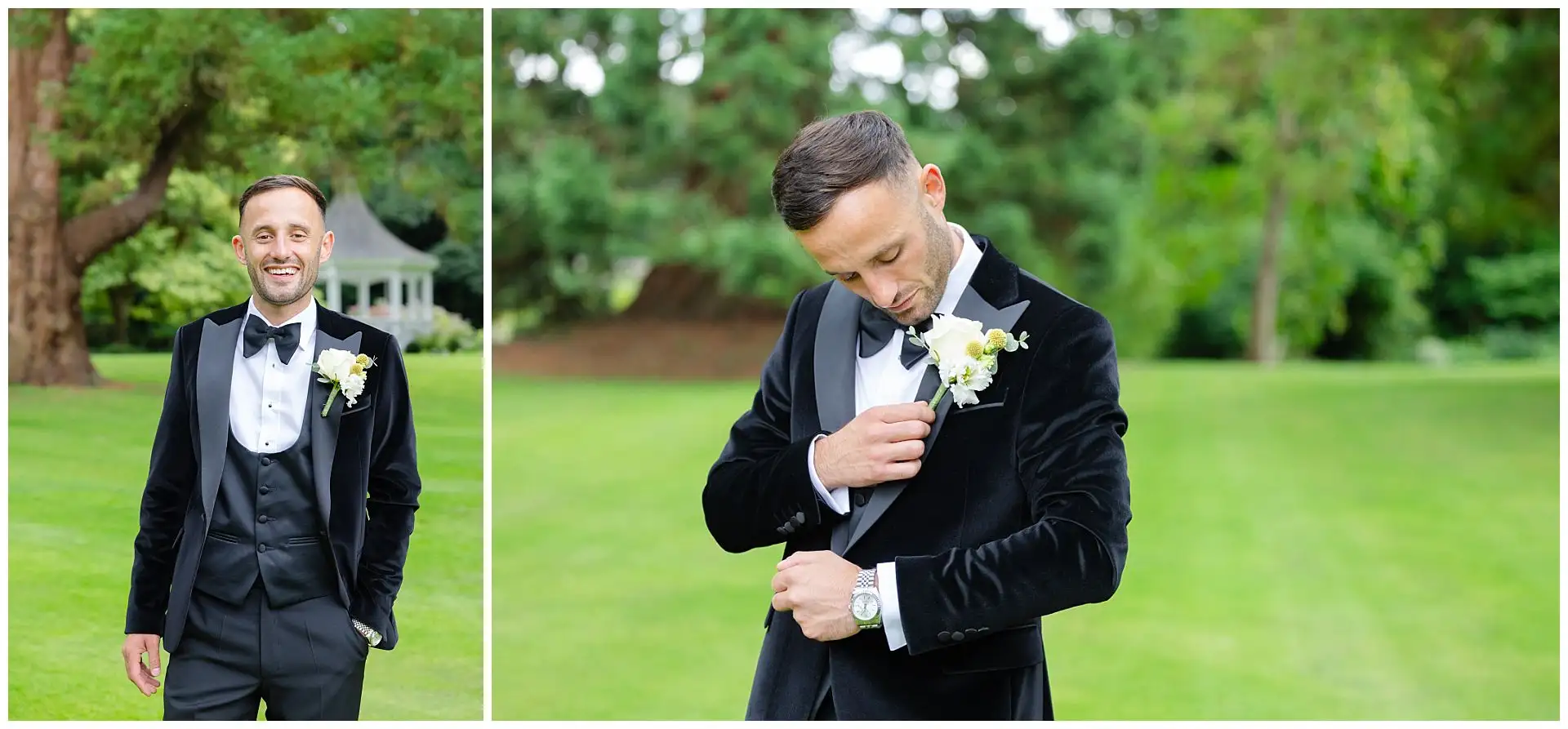 groom in velvet tuxedo groom prep photos at the Orangery Maidstone by Louisa Dettmer Photography