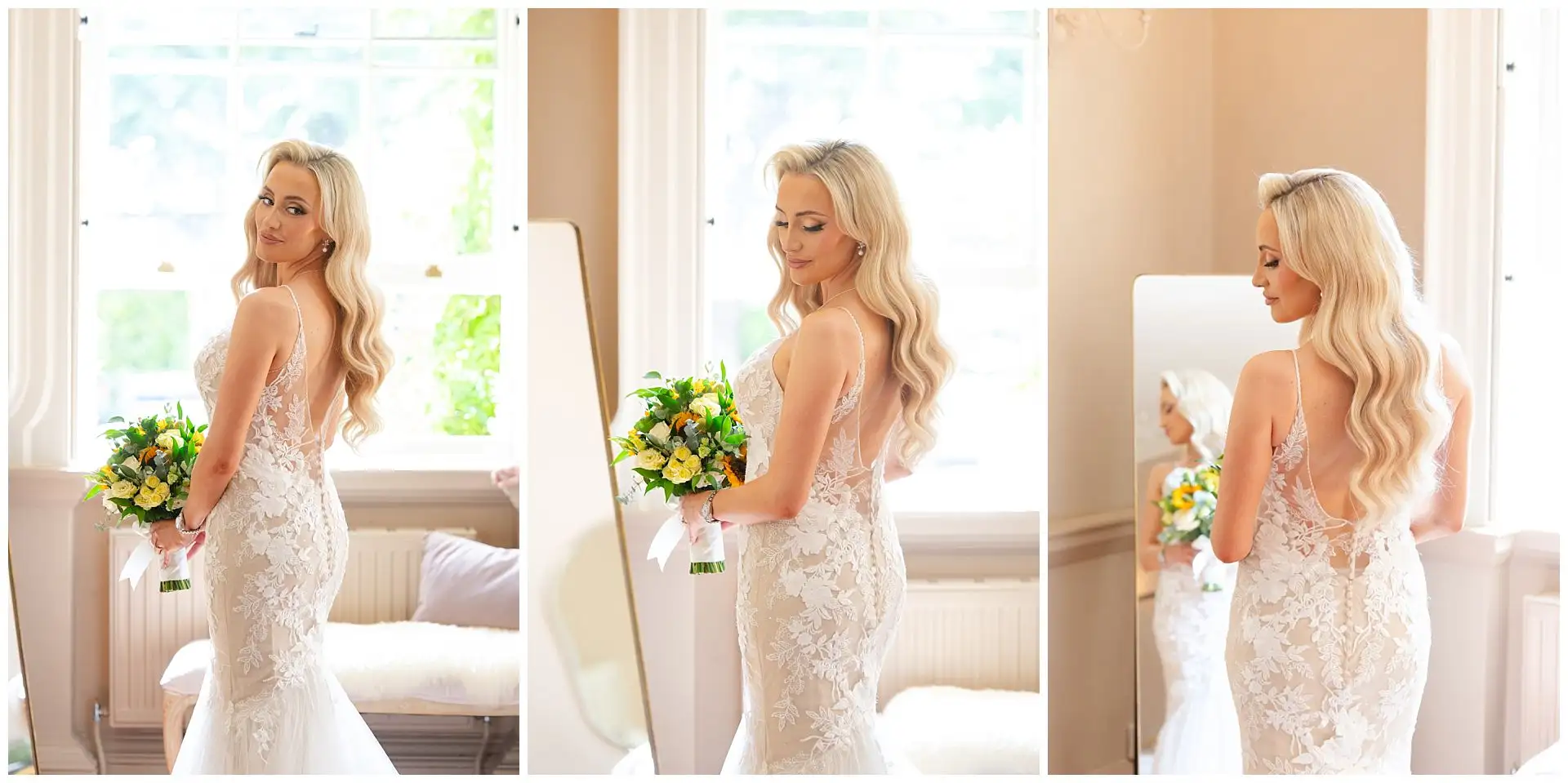 bride in lace wedding dress bridal prep photos at the Orangery Maidstone by Louisa Dettmer Photography