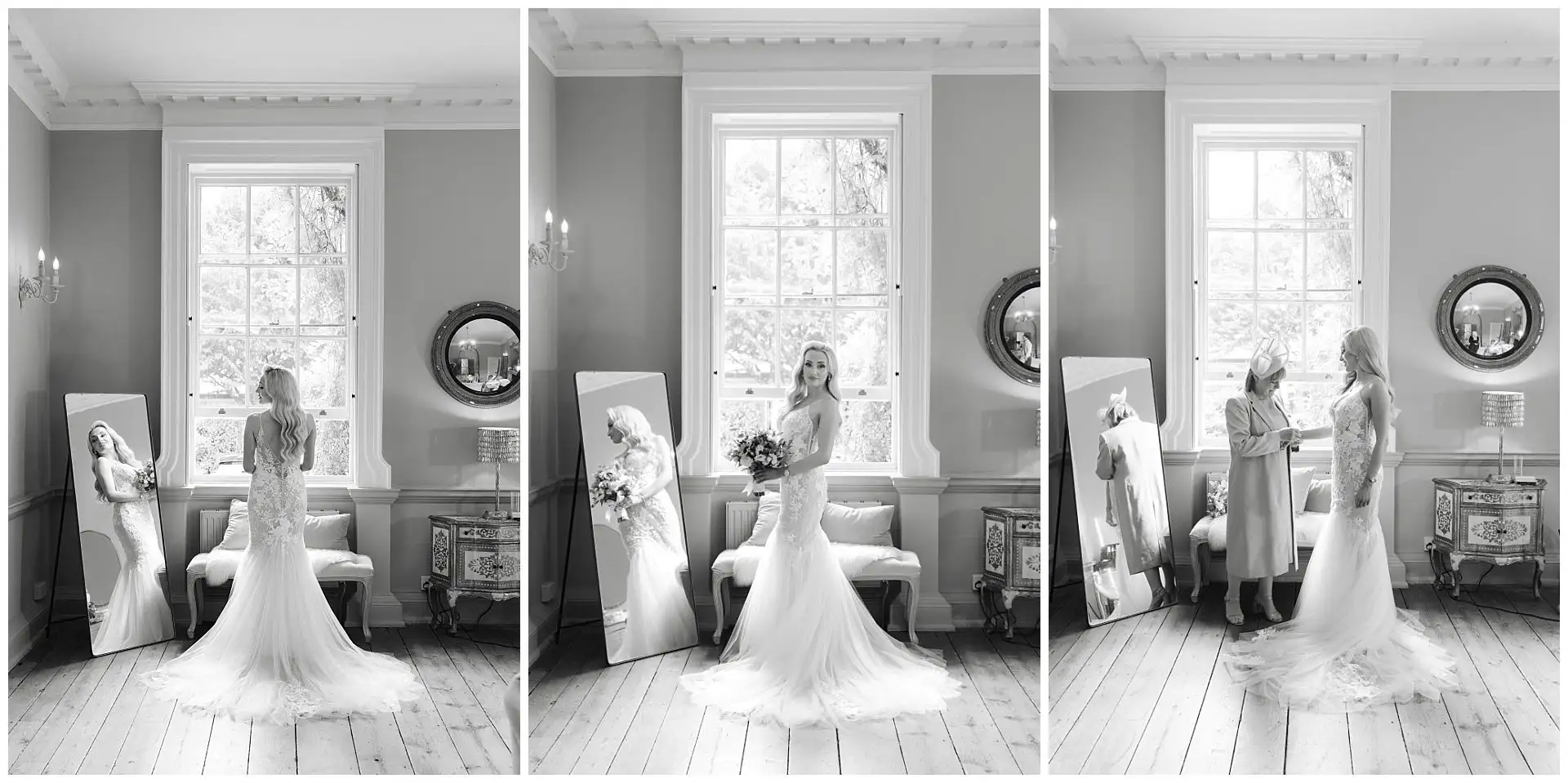 bridal portraits by window light black & white bridal prep photos at the Orangery Maidstone by Louisa Dettmer Photography