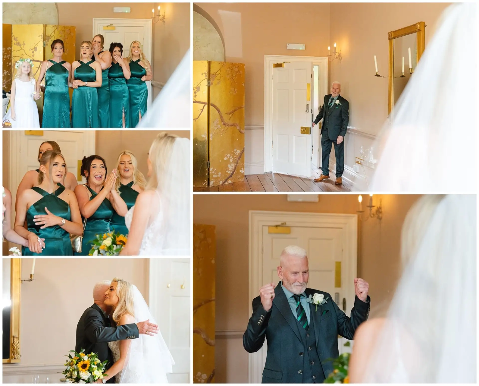 emotional father awaits bride’s arrival Bride in a white gown with teal-dressed bridesmaids and a flower girl in an elegant room during a wedding.