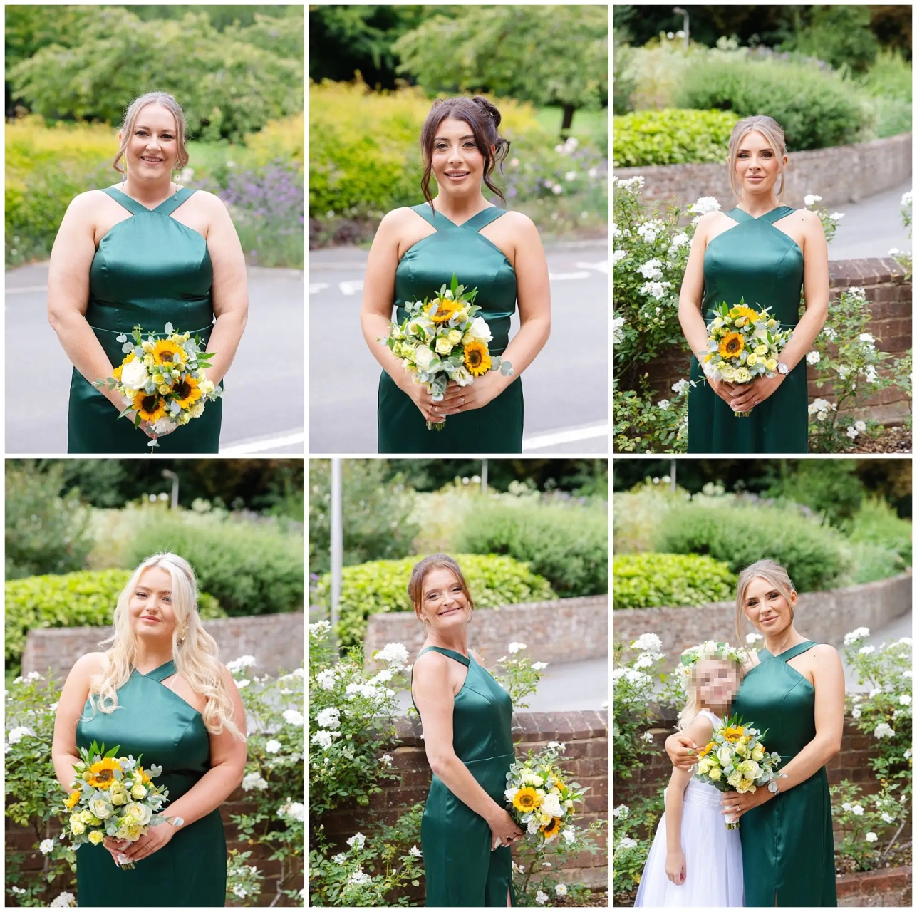 emerald bridesmaid with sunflower bouquet Collage of bridesmaids in teal dresses holding sunflower bouquets in a garden setting.