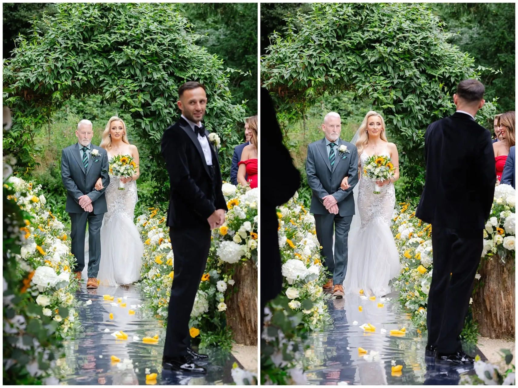 bride and father walk under arch wedding ceremony at the Orangery Maidstone by Louisa Dettmer Photography