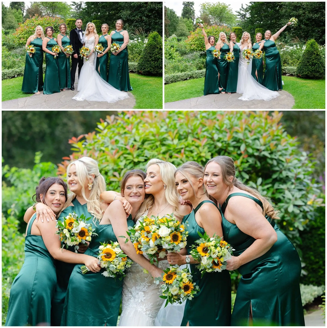 sunflower bouquets and emerald dresses bride and bridemaids at the Orangery Maidstone by Louisa Dettmer Photography