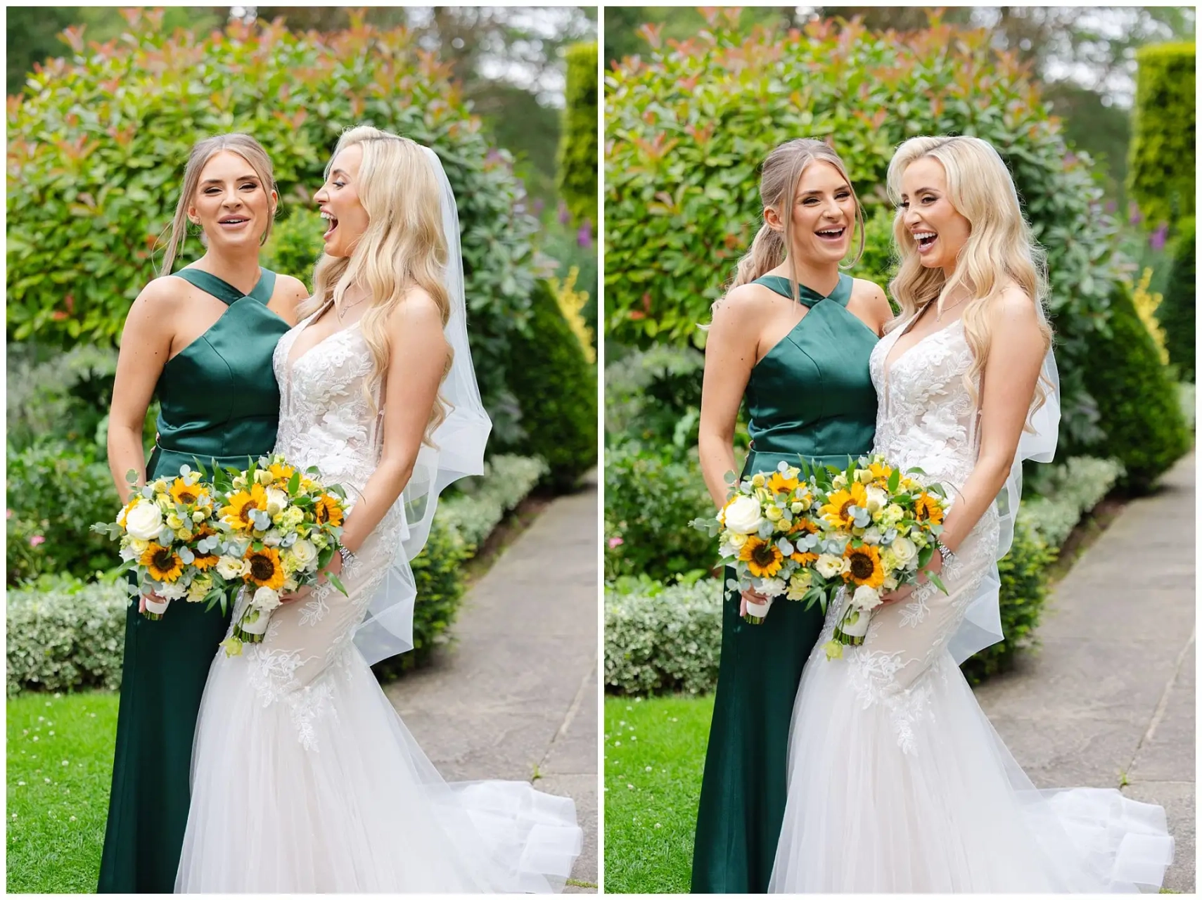 bride and bridesmaid laughing outdoors bridal portraits at the Orangery Maidstone by Louisa Dettmer Photography