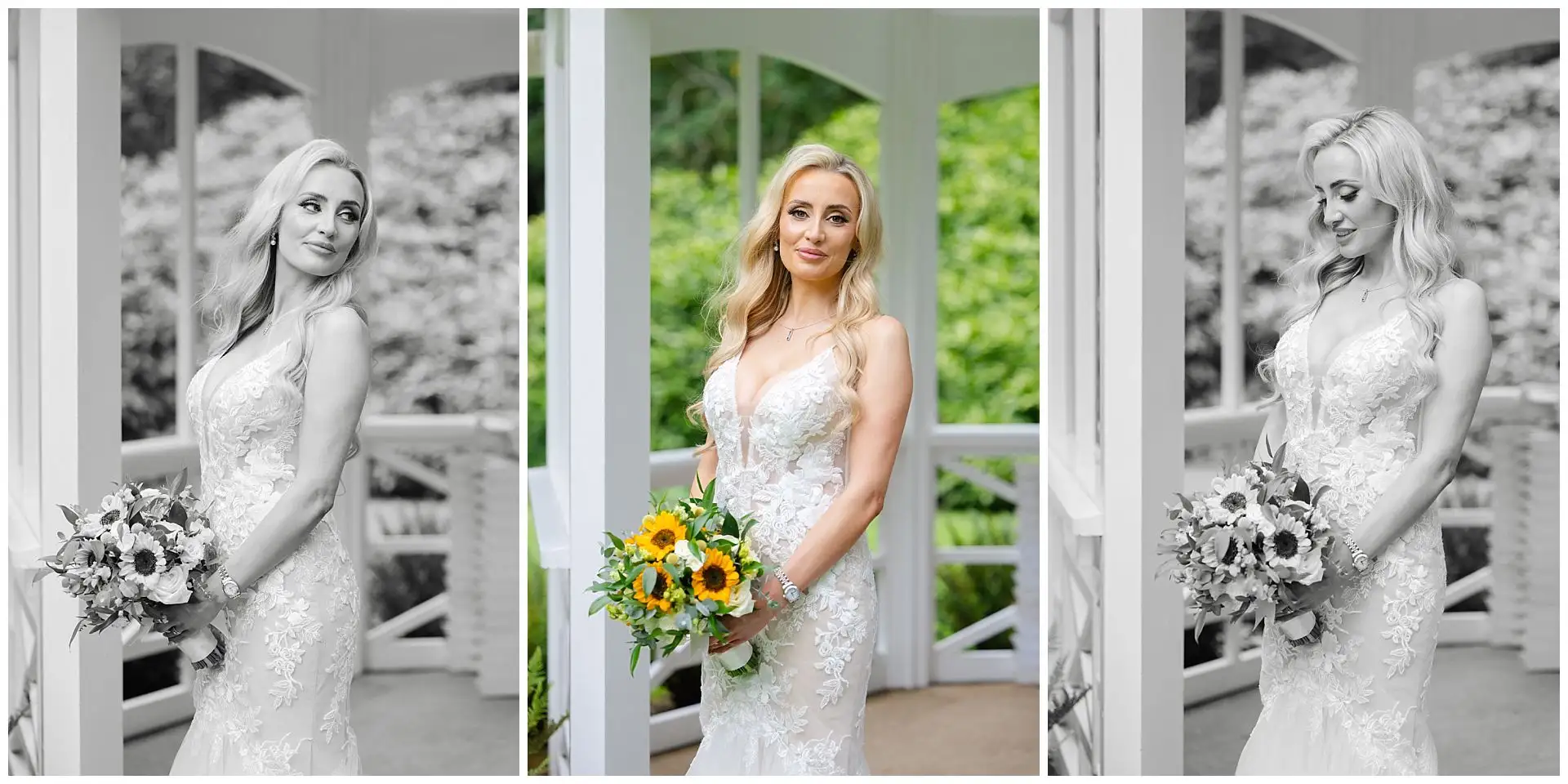 sunflower bride on porch bridal portraits at the Orangery Maidstone by Louisa Dettmer Photography