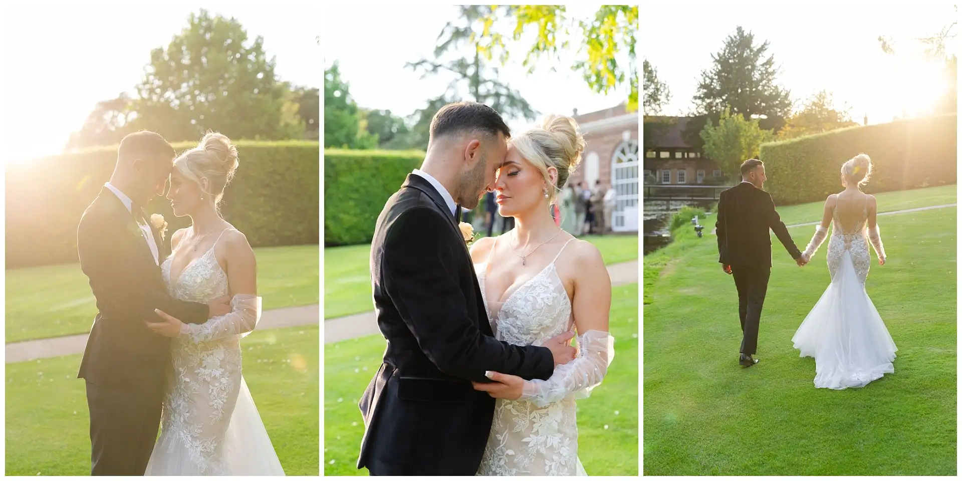 sunset garden wedding portraits Three-panel wedding photo collage of a bride in a lace gown and a groom in a black suit embracing, then walking hand in hand across a sunlit lawn.