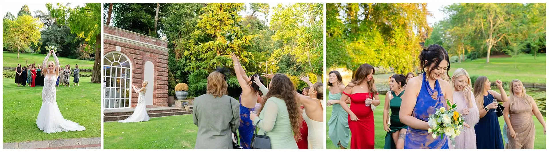 outdoor wedding bouquet toss A collage showing a bride in a white wedding gown raising her arms on a green lawn as guests cheer near a brick building, with bridesmaids in colorful dresses by a pond in a park.