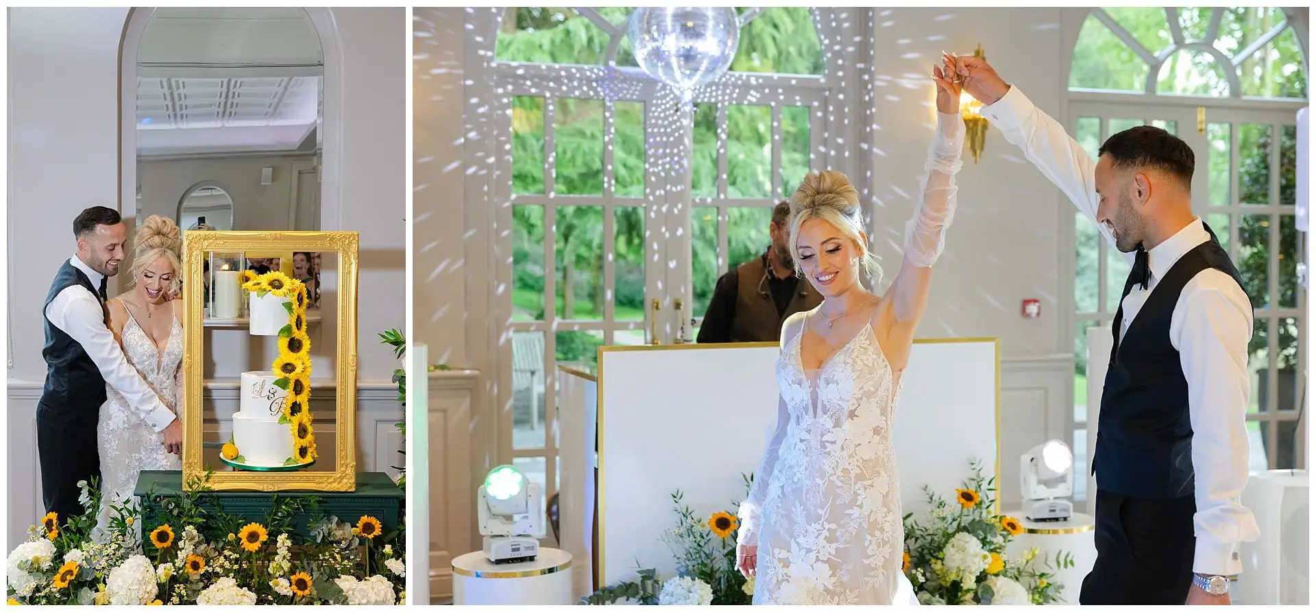 sunflower wedding cake display first dance Wedding at the Orangery Maidstone by Louisa Dettmer Photography