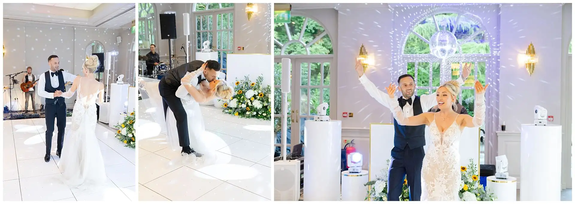 bride and groom first dance Bride in a white wedding gown and groom in a dark suit dance and celebrate at their wedding reception, with a live band and a sparkling disco-ball light show.