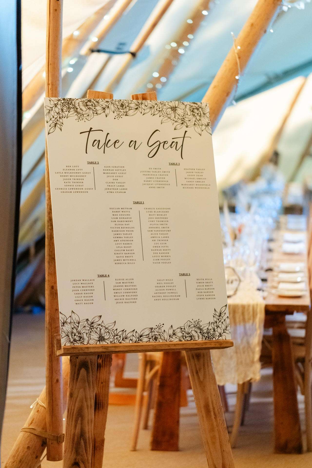 A floral wedding seating chart displayed on a wooden easel in a rustic venue.